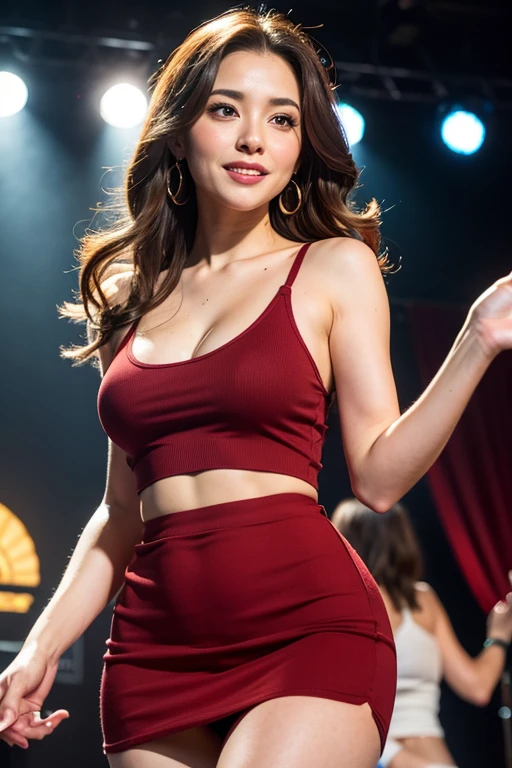 (8k), (Highest quality: 1.2), (Realistic), (Realistic: 1.37), Ultra-high resolution, Glamour Woman, Wine red longhair， Big Breasts, Bright eye color, Tight mini skirt, Exposing the chest, smile, Thighs, Stage Background, Intelligent woman, bold atmosphere, Baby Face, Strong posture, Age is in the early 30s，Japanese women，Sweaty，Red Tank Top，Overall image
