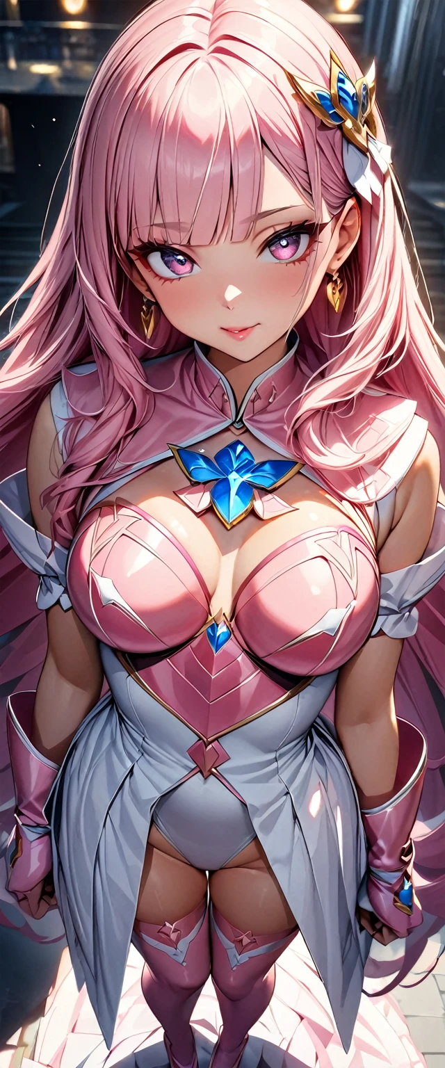 (Perfect Anatomy)、Mastepiece、Ultra High Quality、 8k、masterpiece、Highest quality、Ultra-high resolution、Maximum resolution、Very detailed、Professional Lighting、anime、woman、thin、so beautiful、Highly detailed eye、Highly detailed face、Golden earrings、Pink Hair,、Pink eyes、Detailed costume patternid-chest、Blue jewel on chest, contouring, makeup, eyeliner, eye shadow, pink cheek, pink lips, upper arm pink armor, white leotard, pink pattern, full body, magical girl, Angel Girl, Are standing, pink thigh high stockings, white super long boots, pink gauntlet, high heels, blunt bangs, Hime cut, bridal hair accessory, paladin robe, 