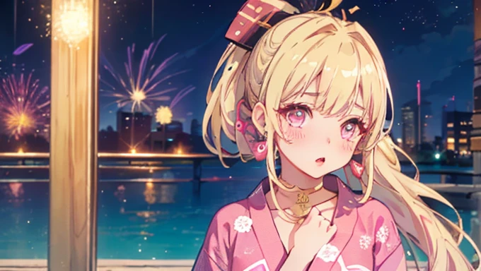 ((masterpiece、Highest quality、Very detailed))、One Girl、Face close-up、blonde、Long Hair、((ponytail))、bright pink eyes、Earrings、blush、Watery eye、((Pink Lips))、((Open your mouth))、Mid-chest、((yukata))、((Upper Body))、Festivals、firework
