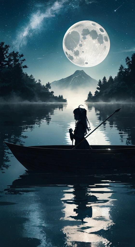 There is an elf woman.. Moonlit water surface An image depicting the moonlight quietly reflecting on the water surface。 It reminds me of the moon reflecting on the surface of the water.。 2. A lake shrouded in mist, covered in mist、A hazy and fantastical lake landscape。 An image of tranquility and mystery。 3. A fantastic silhouette of a boat A silhouette of a small boat sailing through fog and dim light。 The boat seems to take you to a mysterious place.。 4. star空と水面の反射 star空が水面に映り込んでいる風景。 star々is shaking on the surface of the water、A fantastical feeling, like floating in space。 5. A landscape of another world, wrapped in light. It has a fantasy element.、A surreal landscape。 An image in which the sparkle on the water surface seems to emit a mysterious light.。 6. A forest lake with elves and spirits. A combination of forest and lake that evokes the world of Celtic mythology and fantasy.。 A mysterious atmosphere where elves and spirits stand quietly。 7. Mysterious foggy boat scene. Fog covers the water.、A boat sailing silently through a fantastical landscape。 8. Silence of the moonlit night and reflections on the lake. The lake ripples gently in the moonlight.、A scene that highlights the silence of the night。 9. 幻想的な森とstar空の共鳴 深い森とstar空が織りなす、Dreamy natural scenery。