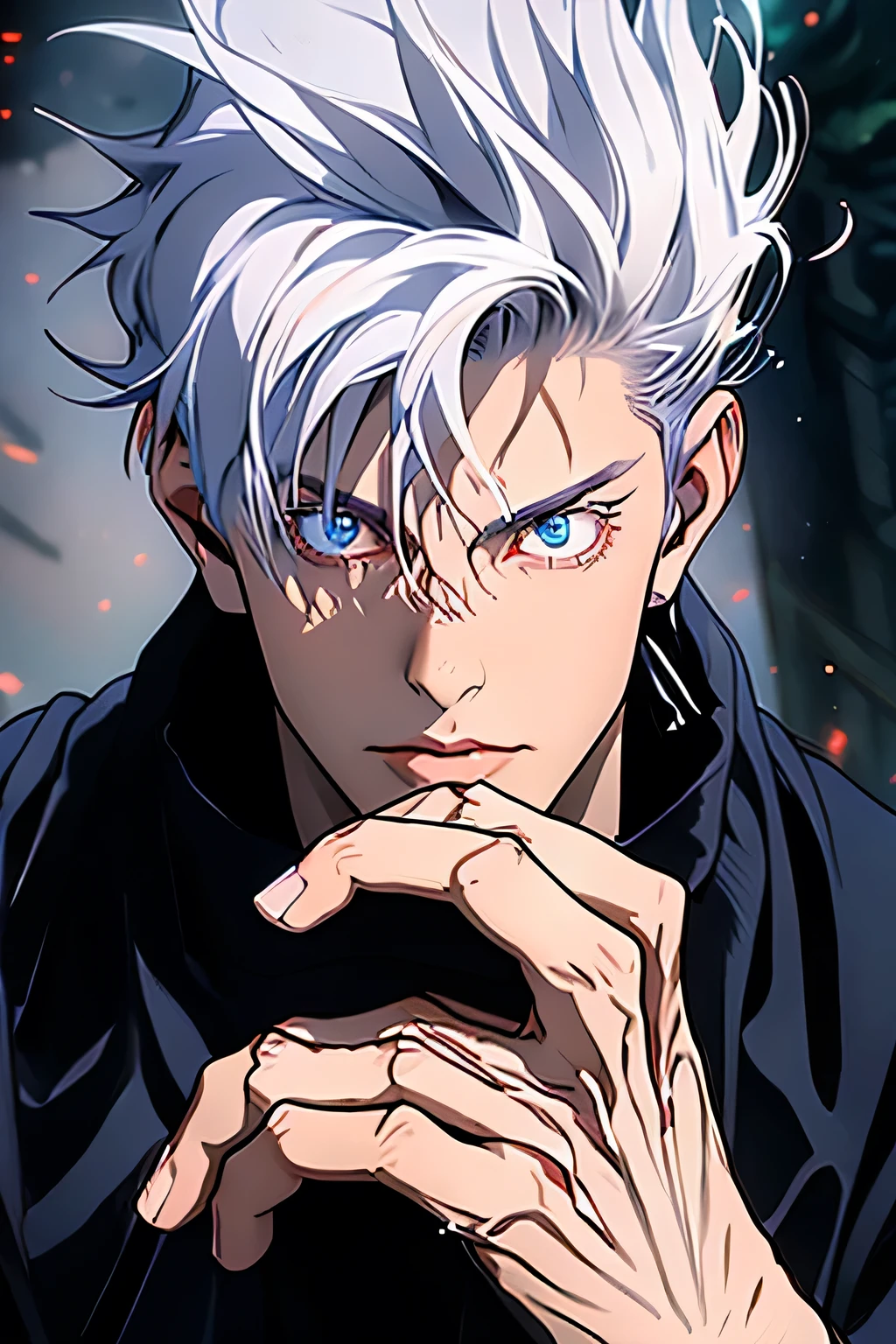 Gray Hair　Long vertical hair　　tall　Blackening　Handsome　In the city　A red light shines from his fingertips　Angle seen from afar　The whole body is on screen　White eyelashes　Blue Eyes　Fighting monsters　Action Scenes