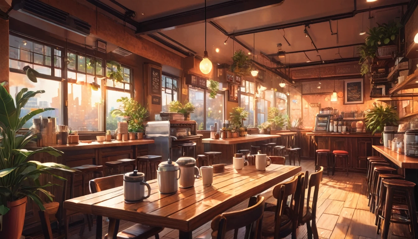 work space ,Anime-style, horizontal, the interior of a coffee shop is illustrated with intricate details and vibrant colors. Delicate steam rises from the hot coffee cup on the table, seats are with soft cushions, a lot of potted plants, adding to the cozy and inviting atmosphere. Soft lighting casts a warm and beautiful glow over the dreamy scene, it's evening time, making it an ideal place to unwind and escape reality. (Prompt B and C) Anime-style coffee shop interior, hot coffee steaming on the table, creating a cozy, beautiful and dreamy ambiance. (High resolution, 8k) Very detailed anime illustration of a coffee shop interior, showcasing a hot cup of coffee on a table, evoking a warm and cozy