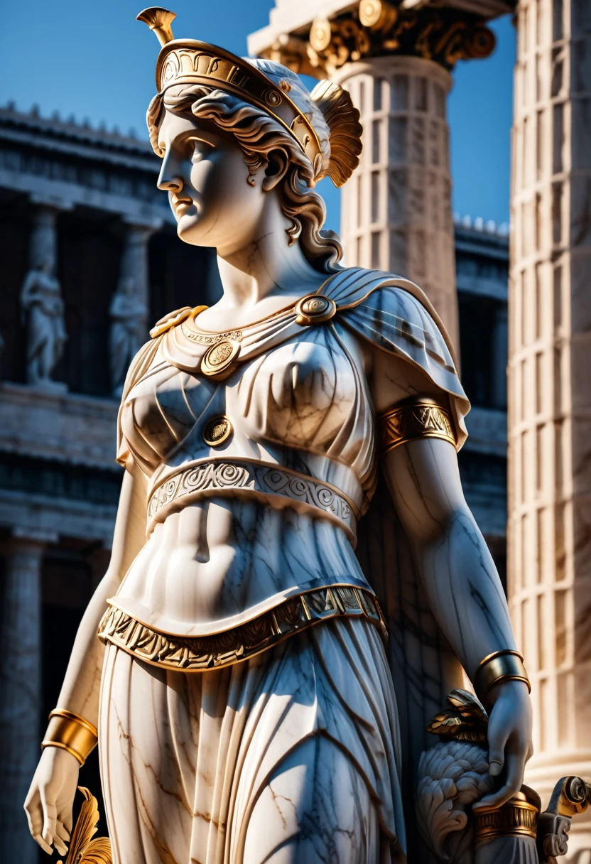 a beautiful and large marble statue of Athena, the Greek goddess of wisdom, art, and just war, protector of Athens, highly detailed and realistic, intricate and ornate, dramatic lighting and shadows highlighting the exquisite details, photorealistic, 8k, best quality, masterpiece