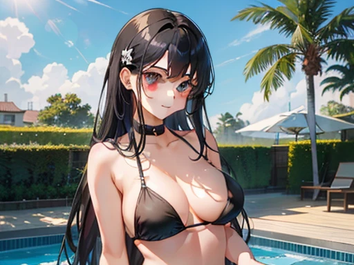 2D, (Simple Background), Blake's masterpiece, 究極のHighest quality, Very detailed, Highest quality, ((cute)), One Girl, cute, Black Hair, (Black Bikini:1.1), (By the pool), sunlight, Mr.々Hair style, (Lens flare:0.6), (White glow:1), (Reflection of light:1.2),Large Breasts