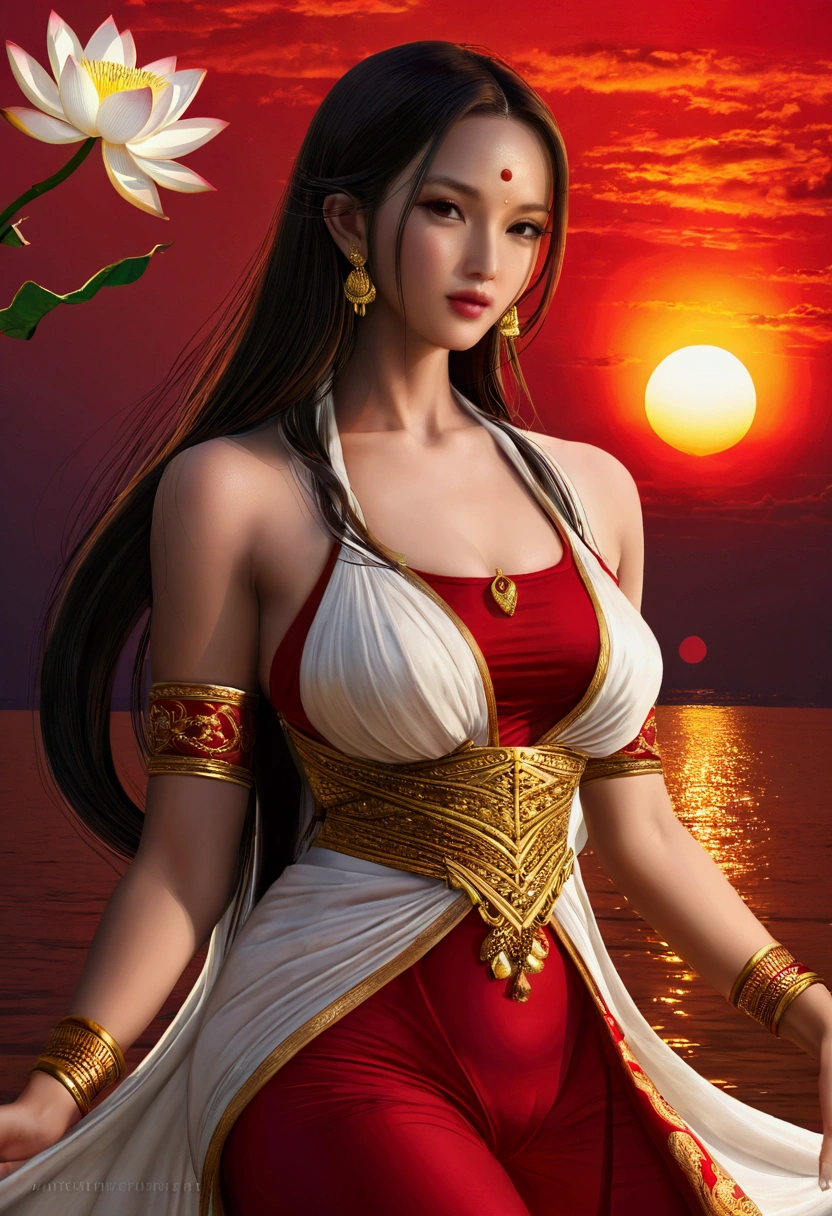 Red sunset and white lotus，Realism，Ultra HD, Retina, masterpiece, precise, Super Detail, Anatomically correct, High Detail, high quality, The award-winning, best quality, high resolution, 16K