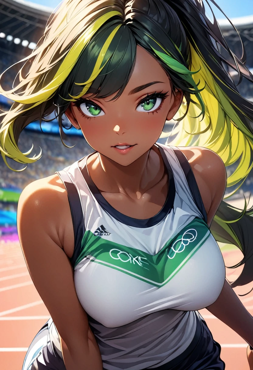 (highest quality:1.2, Very detailed, up to date, Vibrant, Ultra-high resolution, High Contrast, masterpiece:1.2, highest quality, Best aesthetics), Portraiture、girl、Bright colors、Beautiful fine details、Beautiful lip detail、long hair、ponytail, white and yellow green ((streaked hair:1.6)), highlights hair: 1.5, (small ,:0.7) (tan skin:1.1), Running at the Olympic games, Olympic stadium, detailed background, , very sexy ahetic, Track and field tank top and pants, cowboy shot
