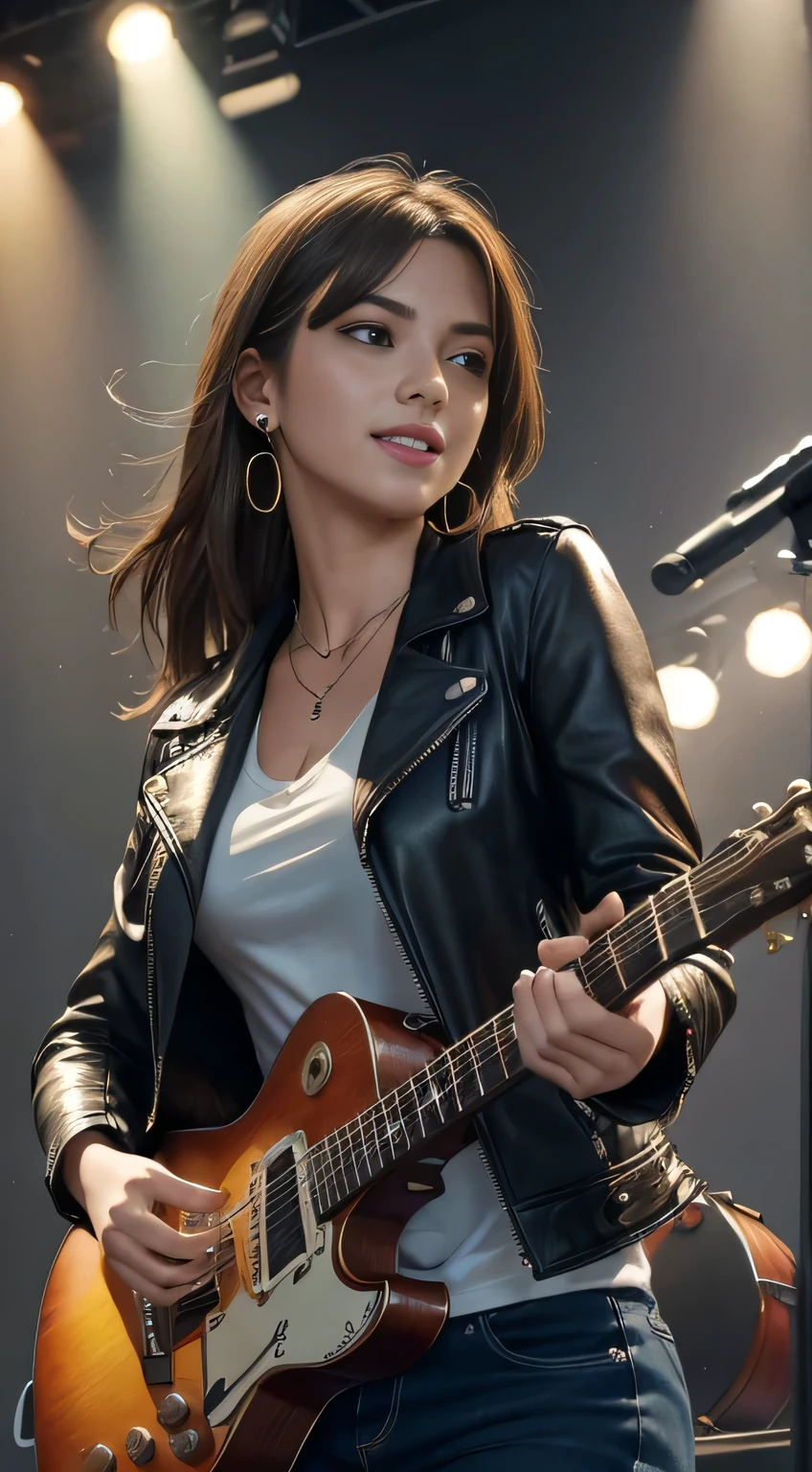 (Masterpiece:1.3, Best quality, Photorealistic, Ultra-detailed, finely detailed, high resolution, 8K wallpaper), 1 beautiful girl, Lead singer of the band group, In a leather jacket, Sing with an electric guitar, standing microphones, Mouth open, Beautiful face, Detailed face, Beautiful eyes, Detailed eyes, Smiling, Earrings, necklace, Detailed guitar, (Straight guitar neck and strings), Medium length light brown hair, be on stage, spotlight, Look at the viewer