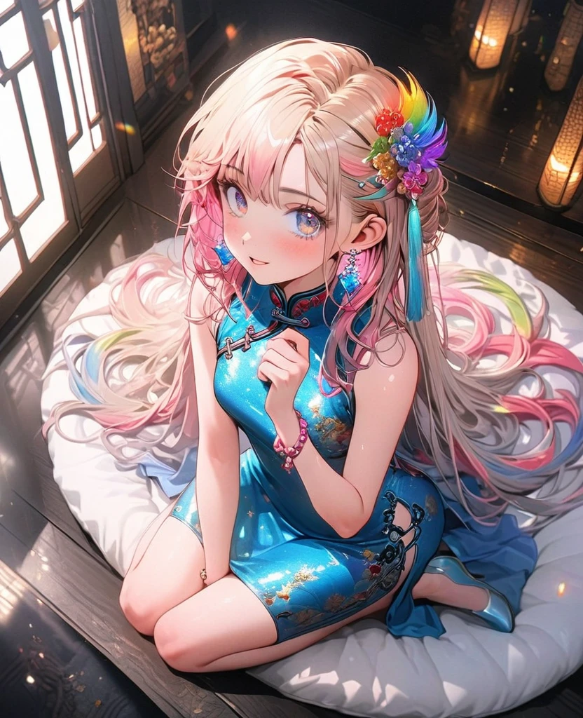 8K,gal,an extremely delicate and beautiful,Beautiful and realistic skin,Shiny jewel-like earrings,Shine like glitter long colorful hair,beautiful eyes,full body,China dress