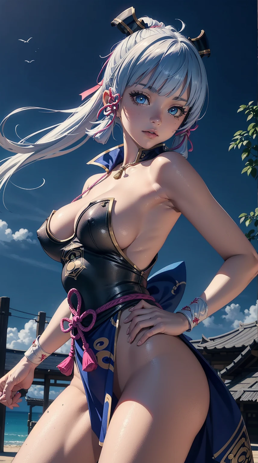 (naked)(masterpiece)),(((Best quality))),((ultra detailed)), ((beautiful detailed sky)), ((cinematic lighting)), depth of field, dynamic pose, (Beautiful detailed girl),detailed lighting,(beautiful detailed eyes), giant breasts, sexual, split, bare thigh,Kamisatoayakadef,Kamisatoayakarnd,Kamisatoayakavesna