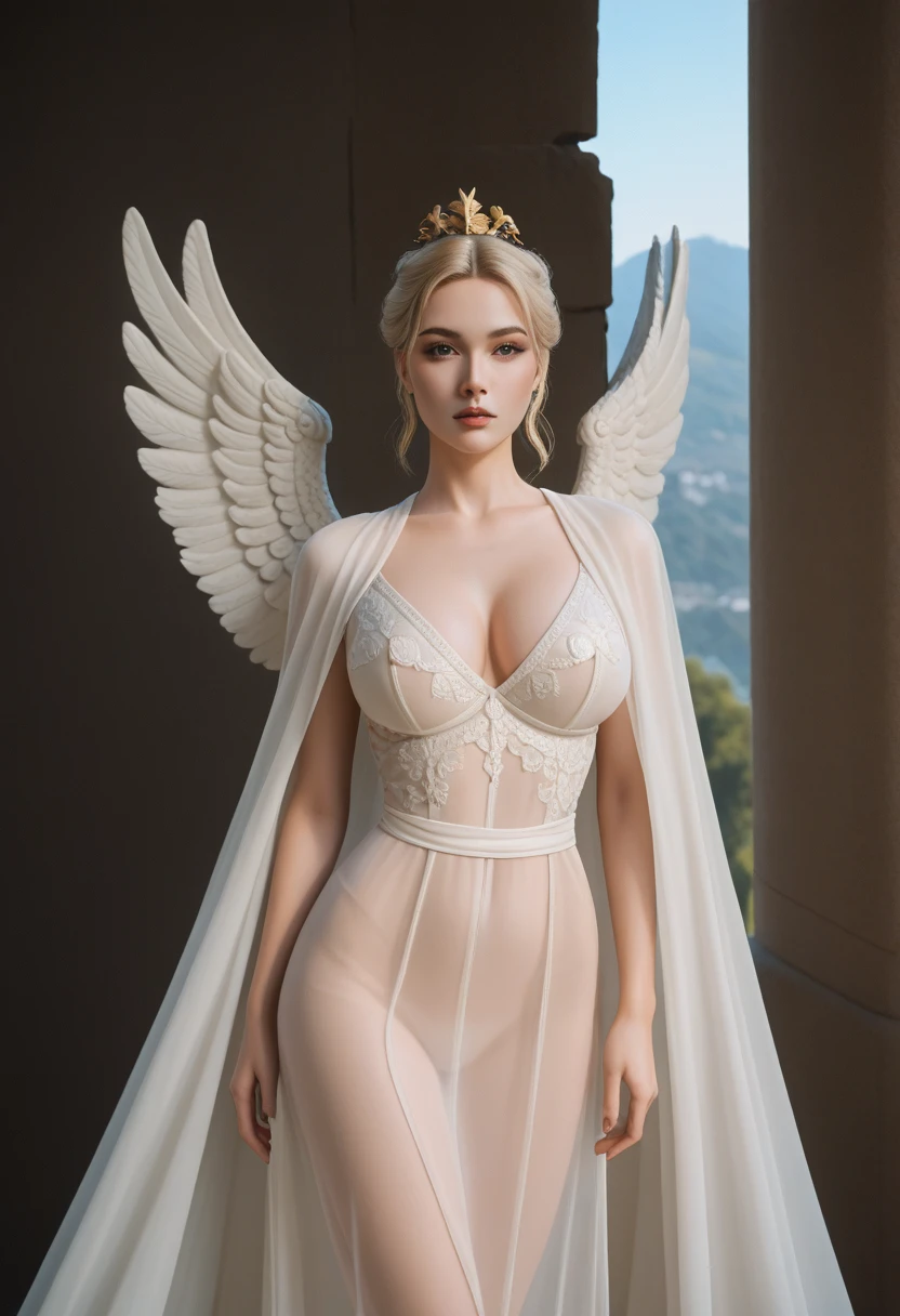 scorscore_9,score_8_up,score_7_up,score_6_up,score_5_up,score_4_up,A digital reinterpretation of the ancient Greek sculpture "Winged Victory of Samothrace" featuring huge, exquisitely crafted wings, beautifully detailed body and face, beautifully detailed eyes, beautifully detailed mouth, thin flowing blonde hair, lively facial expression, ideal proportions, large breasts, tiny waist, big butt, sheer skin, sheer dress, a graceful pose as if about to take off from a cliff, dramatic lighting, vibrant colors, cinematic composition, digital painting, cowboy shots, cape