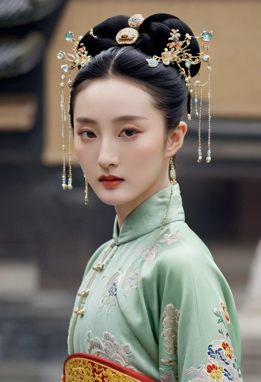 Chinese actress Ruyi Den's Jyou Xun (Zhou Xun) similar face seen from the front of Qing Dynasty standing full-bodied empress
Her big breasts
Looking at her hairy pussy and lower abdomen　
Nude without underwear
Qing Dynasty Chinese palace outside stone tatami mats with large crown of Empress of China hairstyle