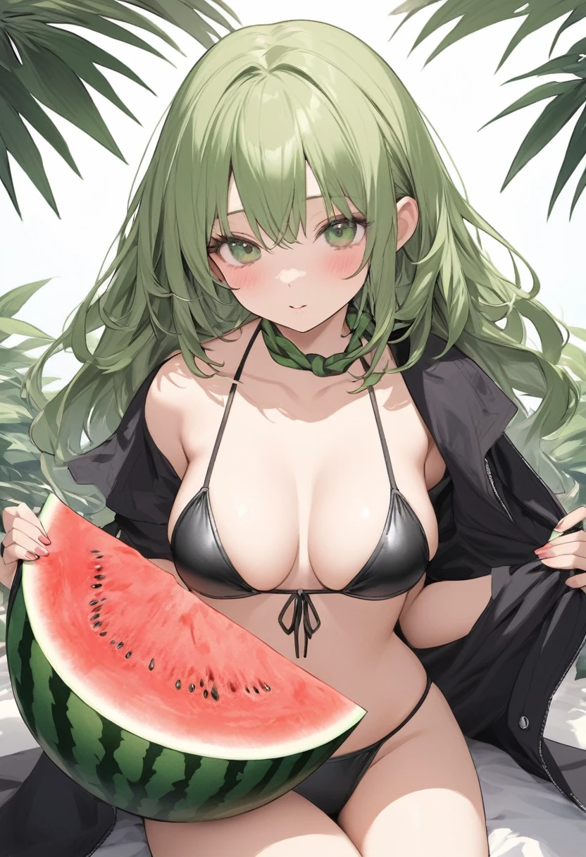 1female, wearing A hyper-realistic round-shaped bikini that looks exactly like a watermelon BREAK // material , The outer layer is made of smooth, slightly textured faux leather that perfectly replicates the appearance of watermelon skin, The inner lining is a soft, breathable cotton fabric that provides a comfortable wearing experience, BREAK // shape, The bikini is perfectly spherical, with a slight bulge at the top to mimic the shape of a real watermelon, A sturdy, black leather string is attached to the cup of the bikini for tying around the neck, BREAK // color, The bikini is predominantly a vibrant green color, with dark green stripes that closely resemble the veins of a watermelon, Subtle variations in color and shading create a realistic depth and dimension to the bikini's surface, A hint of red blush adds a touch of ripeness and juiciness to the design