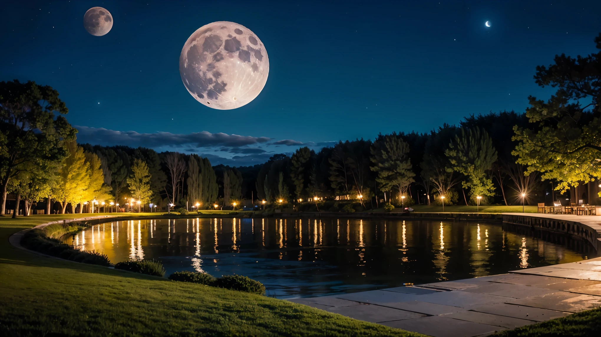 There are benches on the lawn near the lake and a huge tree, Cows grazing near a tree, The moon reflects on the water, full Moon in the background, full Moon in the background, big Moon in the background, big Moon in the background!, (Moon in the background), Moon reflected on the surface of the water, Moon in the background, A perfect and clear moon, Moon in the background