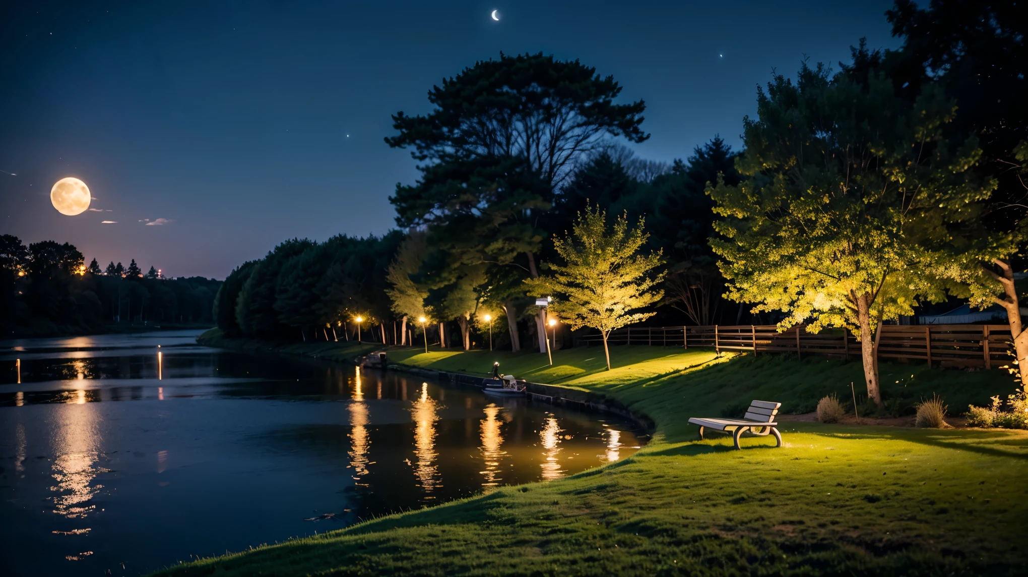 There are benches on the lawn near the lake and a huge tree, Cows grazing near a tree, The moon reflects on the water, full Moon in the background, full Moon in the background, big Moon in the background, big Moon in the background!, (Moon in the background), Moon reflected on the surface of the water, Moon in the background, A perfect and clear moon, Moon in the background
