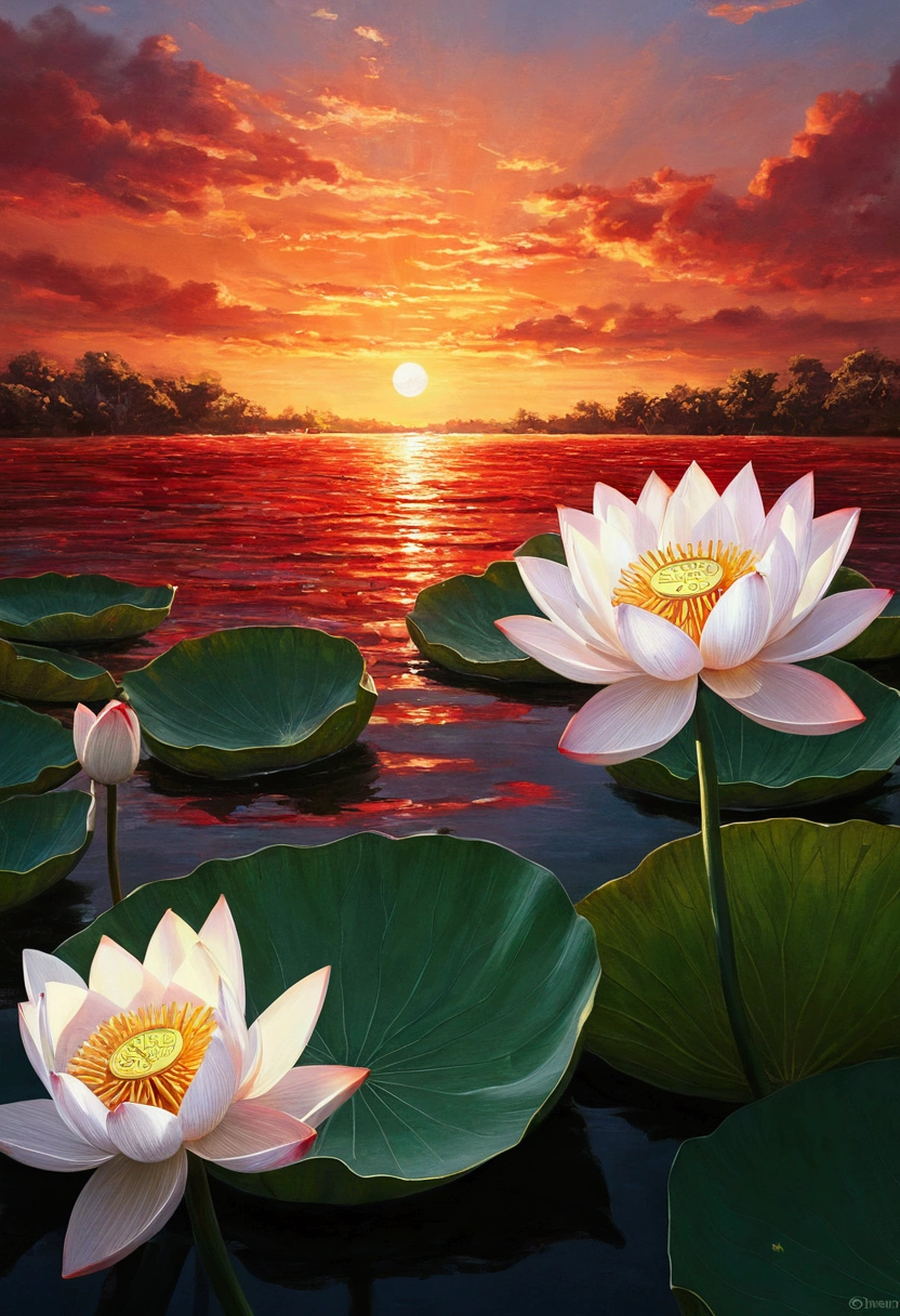 Red sunset and white lotus，Realism，Ultra HD, Retina, masterpiece, precise, Super Detail, Anatomically correct, High Detail, high quality, The award-winning, best quality, high resolution, 16K