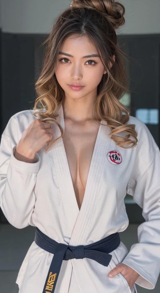 ((Highest quality、8k、masterpiece:1.3))、Sharp focus:1.2、Woman with muscular body:1.4、Colored eyes、((Sunburnした肌:1.5))、((Ash color hair:1.15))、((Silver Hair:1.2))、((Colorful Hair))、((Highlight Color:1.15))、((Twist perm))、Wild hairstyles、judo選手、Slim abdomen:1.2、((Huge boobs:1.2))、Wet body:1.1、HVery detailed facial and skin texture、 Detailed eyes、double eyelid、Sunburnした肌、Sunburn、Sweatで濡れた肌、One Girl, Intricate details, Cinematic feel, 8k, Very detailed、(Realistic、Realistic:1.37)、Very detailedな、Highest quality、Realistic、Very delicate and beautiful、RAW Photos、((Professional Lighting))、Facial Lighting、Written boundary depth、Length of prime numbers、((judo))、((Wearing a judogi))、((HVery detailed judo obi))、((Brazilian Jiu Jitsu Belt))、(Wearing the official judo uniform)、((Long sleeve))、((Wear a T-shirt))、(Muscular and healthy)、Small Head、expensive、((Beautiful Eyes))、Lively Faces、True Face、 Beautiful Eyes、(Fashionable hairstyles:1.35)、audience、((cheerful japanese woman))、Desporti Smile:1.15)、(Mouth closed)、美しくてBeautiful Eyes、(dojo:1.3)、Healthy Body、Dark Skin、(judo hall)、Sweat、The chest is exposed、Cleavage、Panty shot