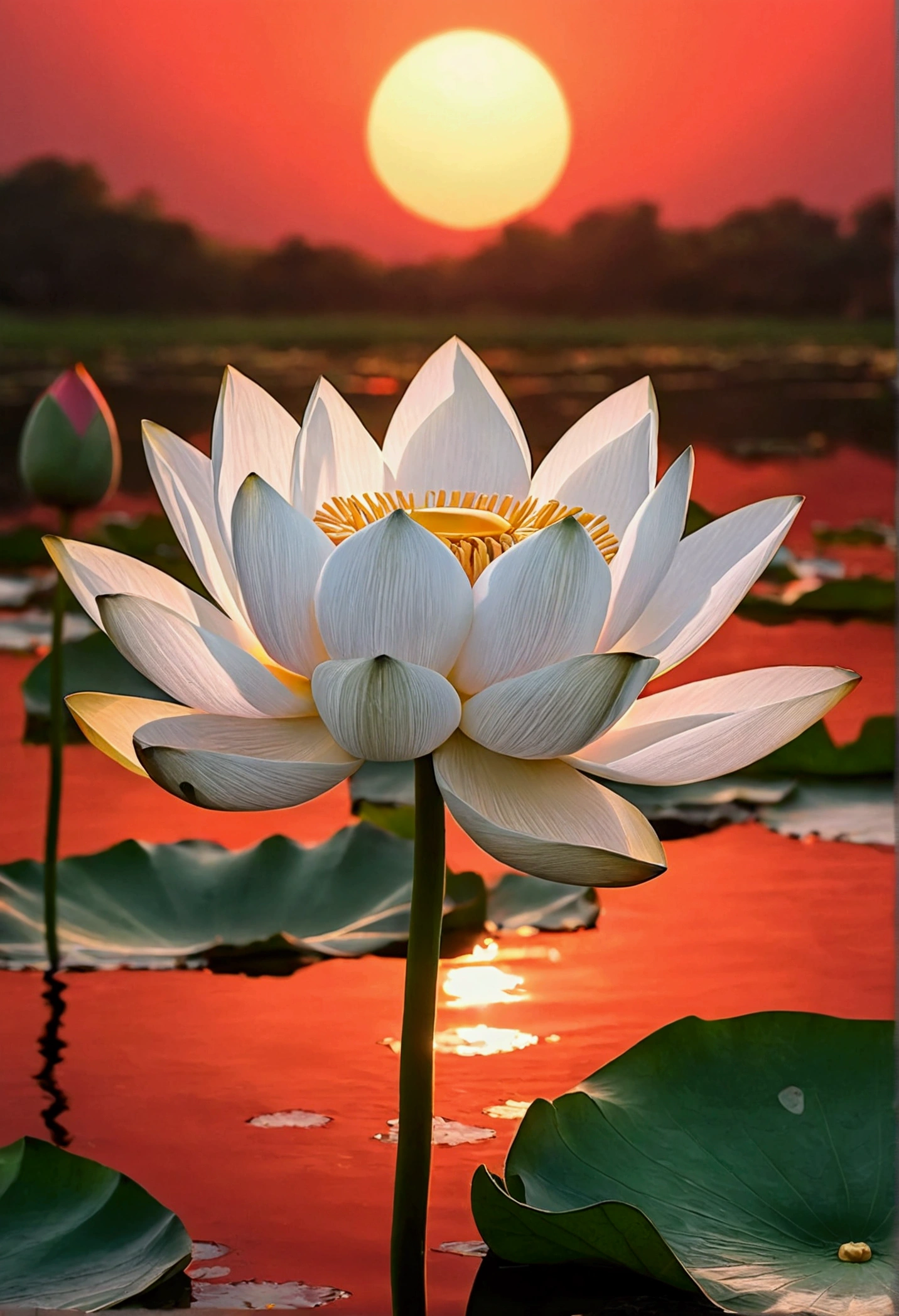 Red sunset and white lotus,Realism,Ultra HD, Retina, masterpiece, precise, Super Detail, Anatomically correct, High Detail, high quality, The award-winning, best quality, high resolution, 16K