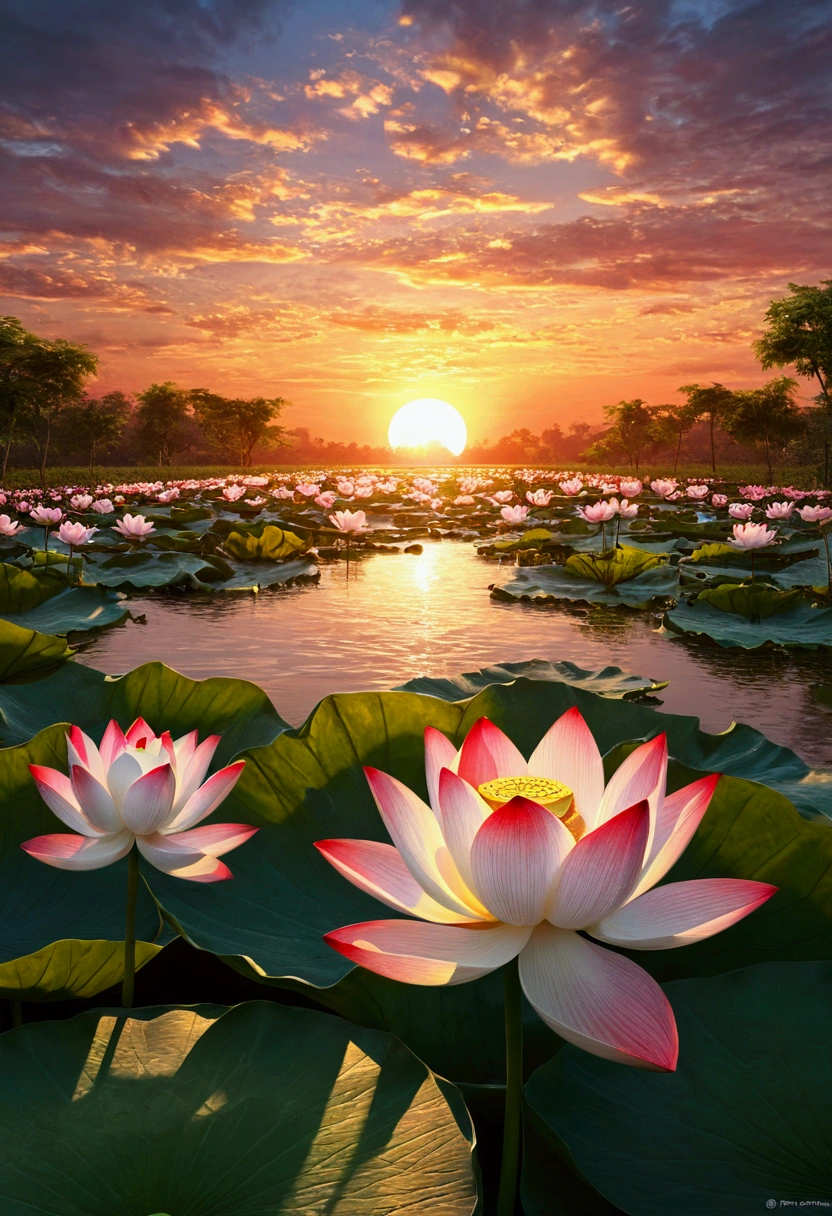 Red sunset and white lotus，Realism，Ultra HD, Retina, masterpiece, precise, Super Detail, Anatomically correct, High Detail, high quality, The award-winning, best quality, high resolution, 16K