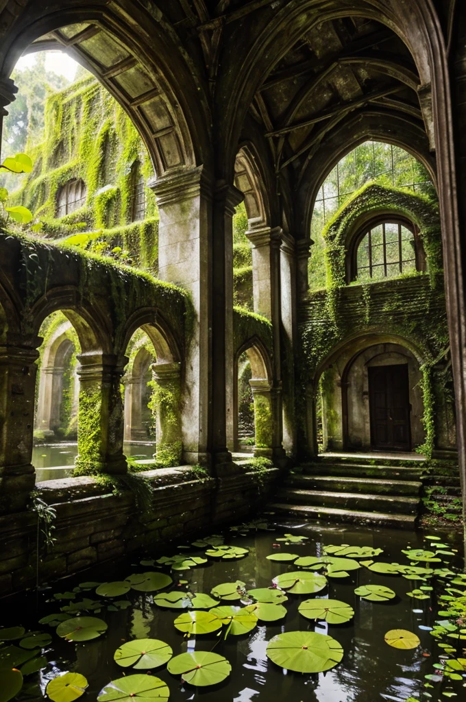 "An abandoned, overgrown classical courtyard with moss-covered stone pillars, vines hanging from the walls, and a small, tranquil pond filled with lily pads. The setting is bathed in soft, warm sunlight filtering through the lush greenery, creating a serene and mystical atmosphere.