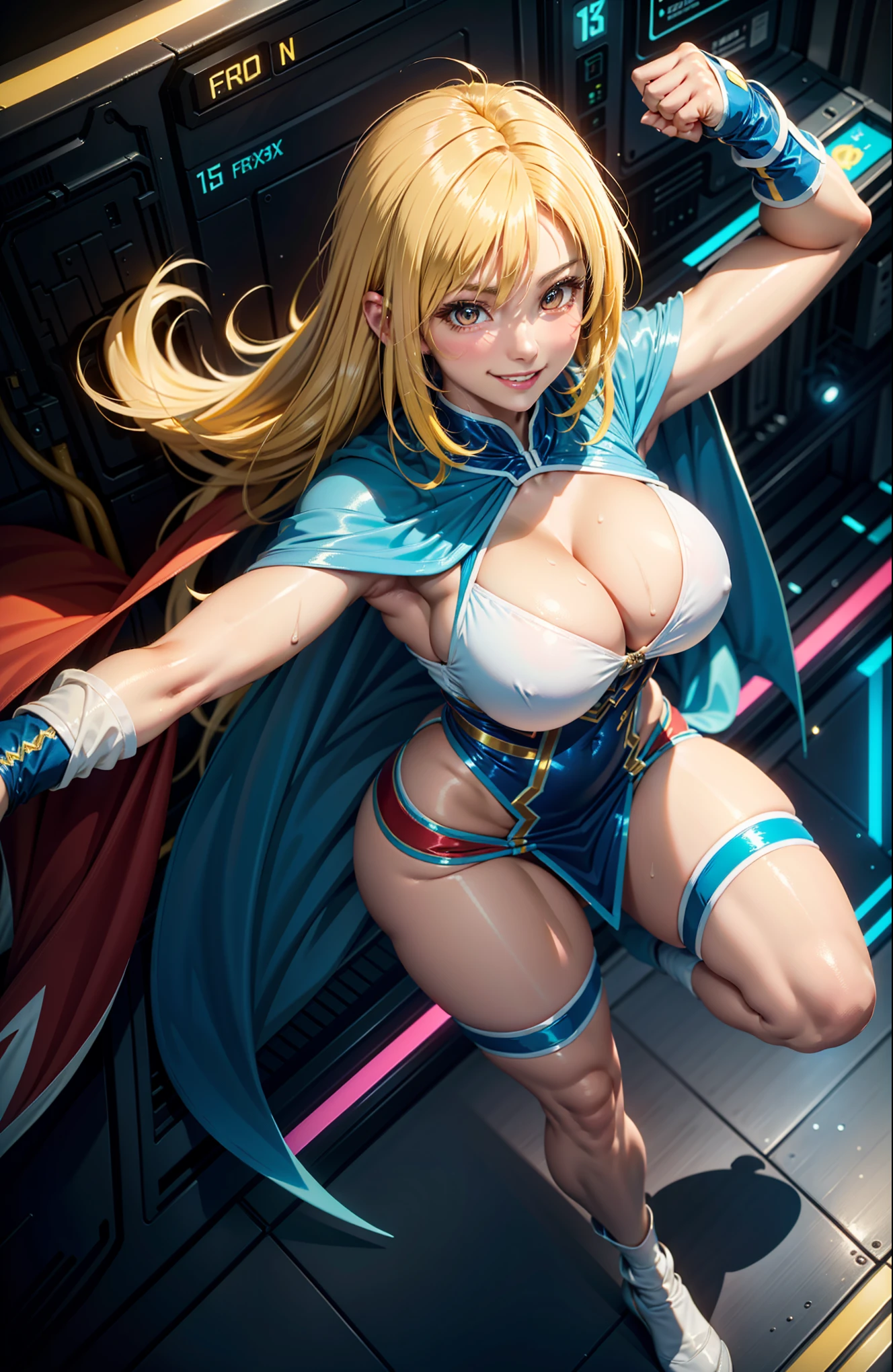 Digital painting of a woman, yellow hair, super hero, muscle girl, red mixed blue mixed white costume (mixed color costume:1.5), pose, fist up, ((from above)), 1knee up, Behance Contest Winner, Afrofuturism, Synthwave, neon, glowing neon, sagging massive breasts, mini skirt, cape, sweat, glossy silky skin, smile, in space,