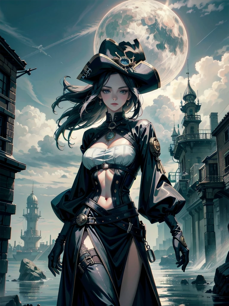 absurdres, RAW photo, extremely delicate and beautiful, masterpiece, Best Quality, ultra high resolution, 32k, hyperrealistic, ultra-detailed, Very detailed CG 8k wallpaper, detailed background, landscape, Beautiful Lighting, Perfect Lightning, Realistic Shadows, perfect anatomy, anatomically correct, perfect figure, Perfect Style, Perfect balance, super Detailed skin, in her 30s, very Slim body, narrow waist, very small head, very small face, delicate facial features, handsome detailed woman, very detailed eyes and face, realistic face proportions, Realistic beautiful face, Realistic beautiful eyes, tearful mole, earring, whole body shot, very huge round tits, medium hair, asymmetrical hair, outdoor, Practical pirate clothing, Long-sleeved pirate top, Skirt, torn pirate hat, a steampunk-style city floating in the sky, clouds and diverse architecture, exuding mystery and technology,