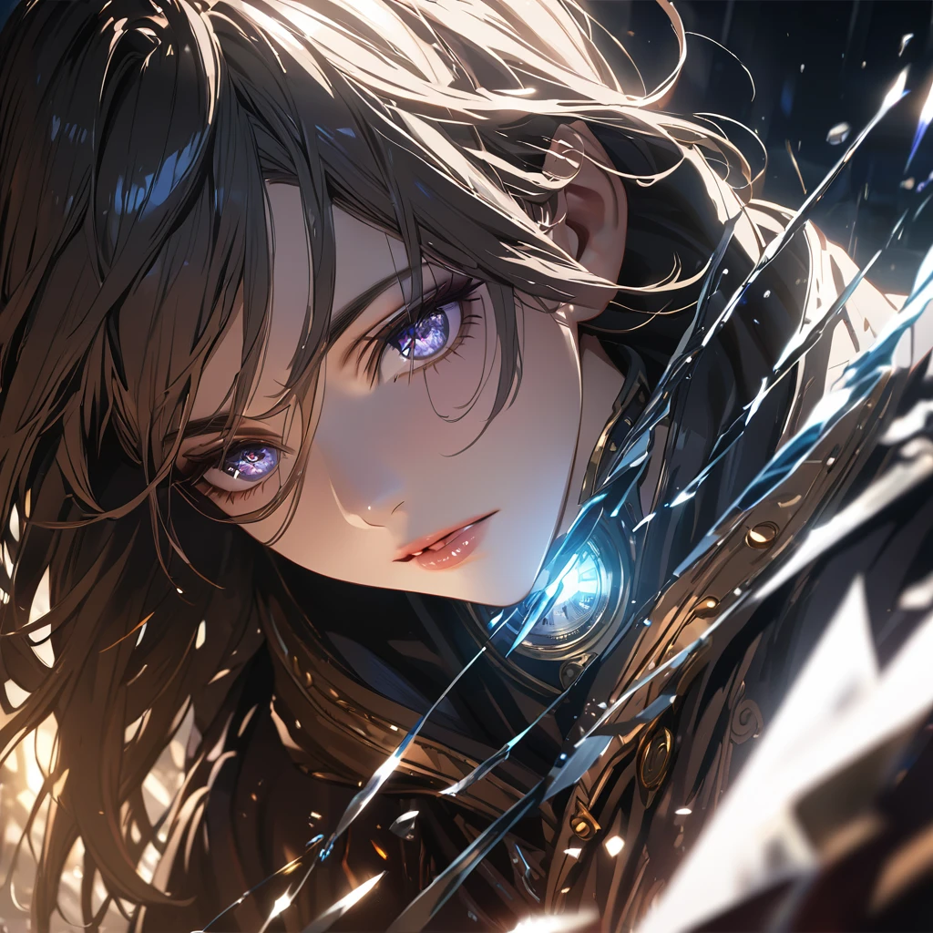 Clock pupil, broken glass shard, dark fantasy, close-up eyes, anime, detailed lighting, UHD, dynamic lighting, Masterpiece, highest quality, realistic 