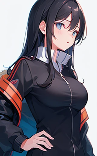 One girl,alone, (Men's Studies Run:1.2), Collared jacket,, masterpiece, Highest quality,Long black hair,Big Breasts