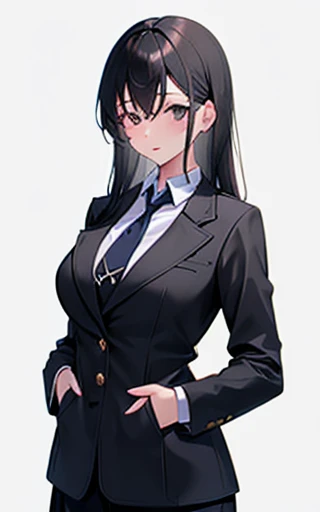 One girl,alone, (Men's Studies Run:1.2), Collared jacket,, masterpiece, Highest quality,Long black hair,Big Breasts