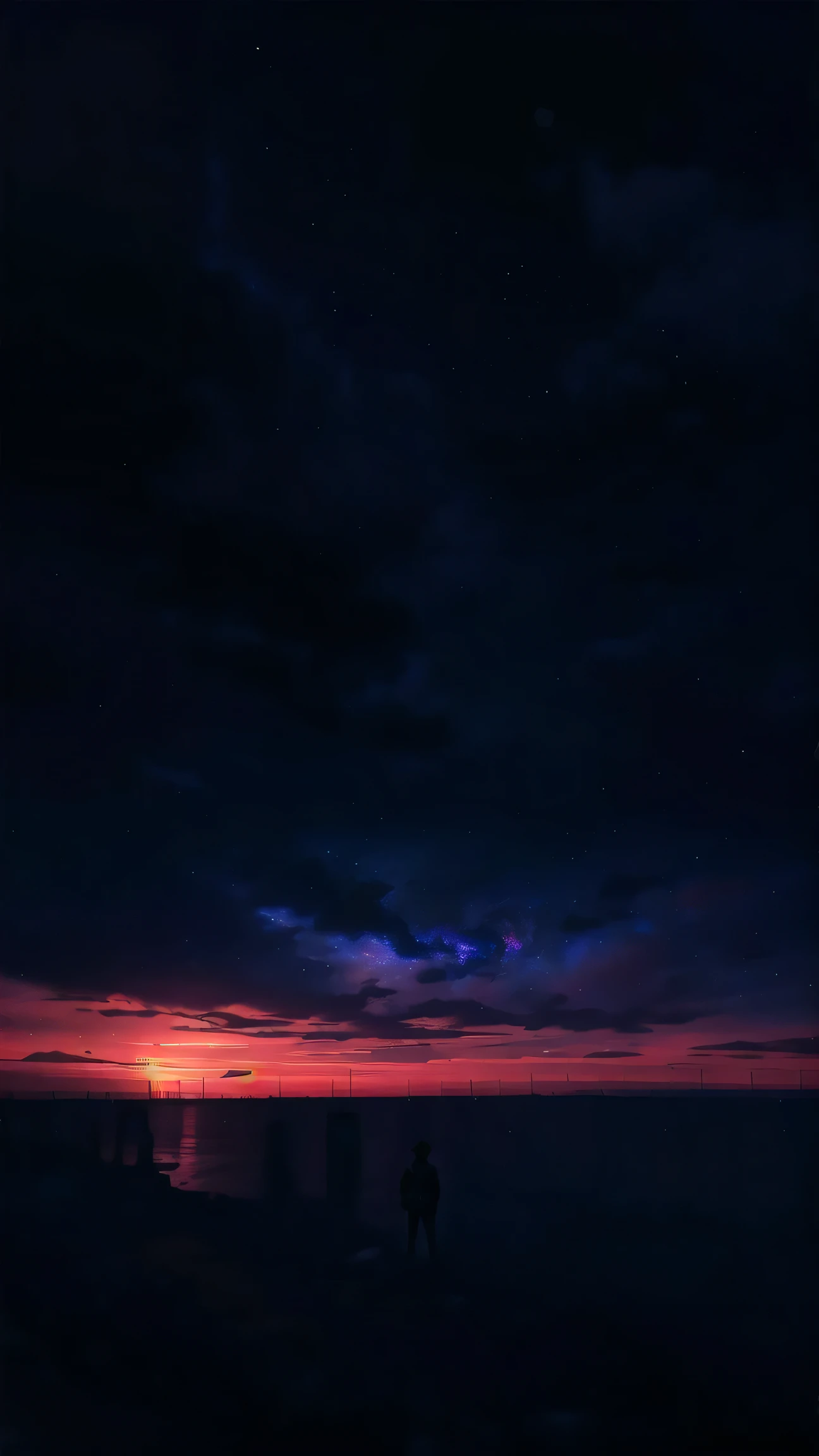 a big of sad boy , anime style,standing near the sea,he have great muscular body, muscle body,beach in the distance, wearinng simple button shirt with pant from behind,dress colour is visible, shadow of boy,his face is not seen,clear back head back body, looking at the vast sky, clouds, sunset colourful sky weather,aurora borealis, colourful flowers in souroundings before sea milky way, the scene is dominated by vast sky.