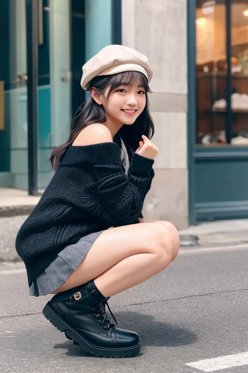 1 girl、bag、Upper Body、Street、bangs、Shoulder Bare、beret、Black footwear、黒いhat、smile、passionate、ハンドbag、hat、durability、Long sleeve、looking at the camera、Off the shoulder、shoes、skirt、Sleeves above the wrist、shoes下、solo、sweater、White legwear、Are standing、Side view、
