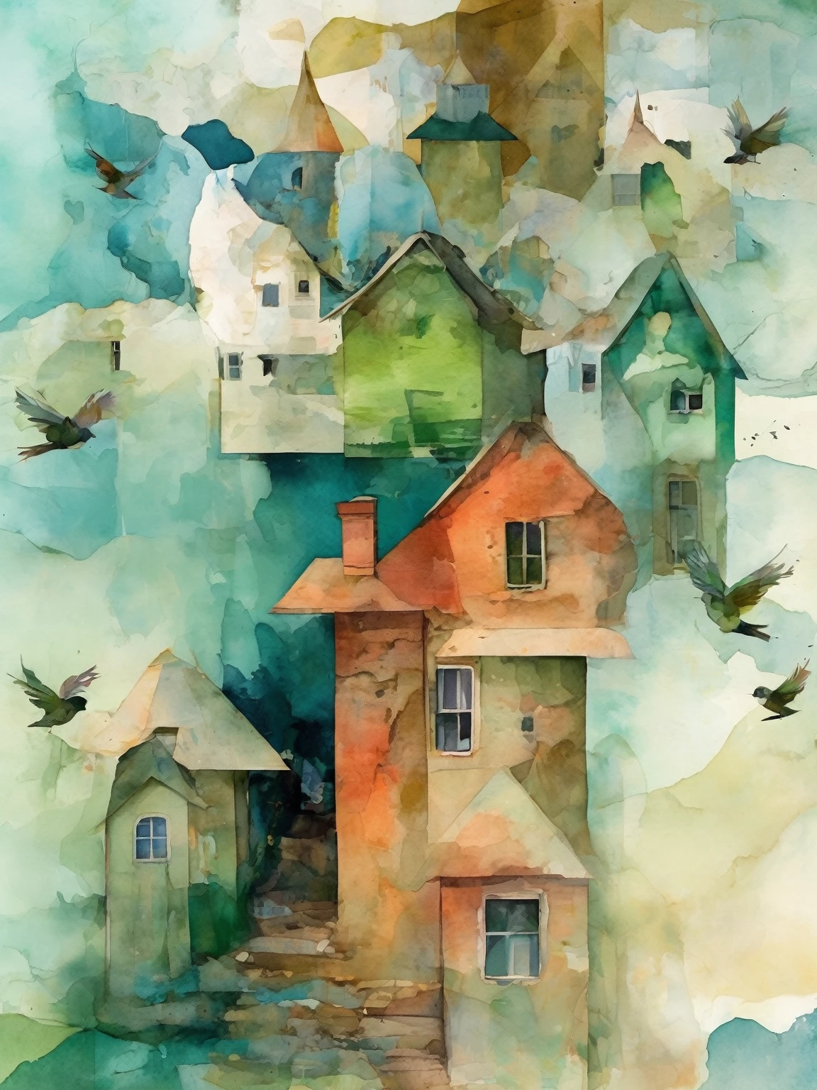 Art paper painting with birds flying and houses lined up, Soft and dreamy style, Light blue and green, Quirky Collage, Crystalline and geological forms, Soft and grainy watercolor, Digital Collage, Secluded settings