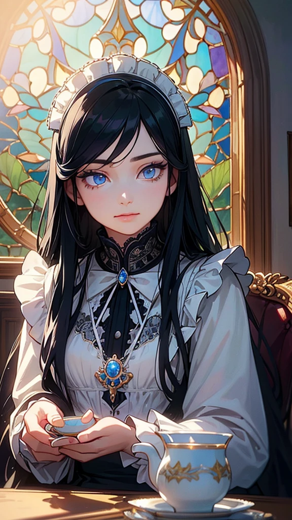 a maid with long black hair, sky blue eyes, having tea time, detailed face, beautiful detailed lips, extremely detailed eyes and face, long eyelashes, intricate maid dress, lace trim, delicate porcelain teacup, ornate tea table, chandelier, stained glass window, sunlight streaming in, elegant victorian interior, photorealistic, 8k, highly detailed, masterpiece