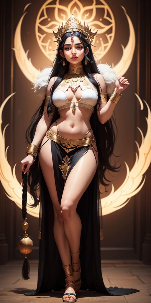 Sexy hindu female gods outfit white long black hair holding trishul nearly lion beautiful face full HD