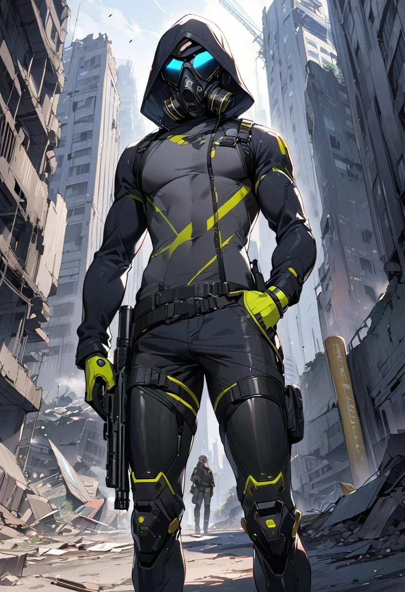 (masterpiece, best quality:1.1),man stands with a gun,black cyberpunk gasmask,double-breasted long sleeve shirt(gray camouflage pattern),gloves,platform boots,thin body,ruins of a big city,