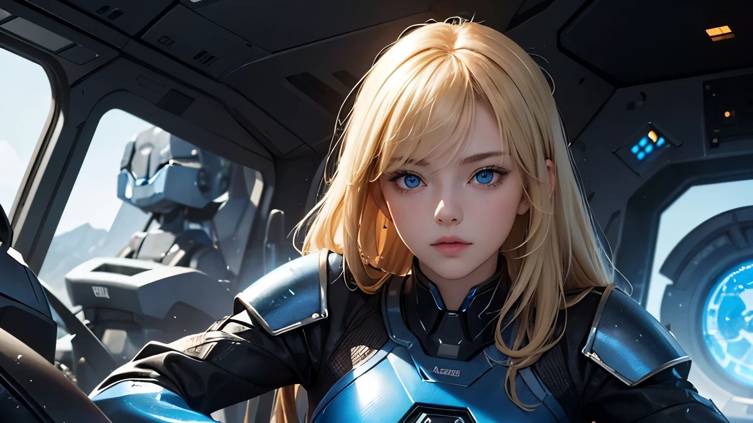 Upper body close-up image。One beautiful woman。Blonde hair and blue eyes。23 years old。Detailed drawing of faces。She is looking defiantly at the camera。She wears a blue-black metallic battle suit.。She is sitting at the controls of a small spaceship.。