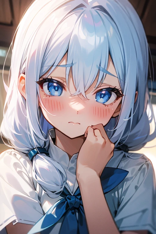 Blue delicate eyes, Embarrassing, blush、((Hair is white))