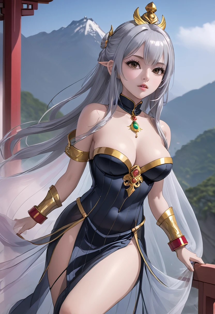 high quality,HD,16K,Sharp Line,1 Girl,fantasy, (Spirit of the Wind),Pretty Face, Large Breasts, Beautiful legs,In the mountains,Focus Girl,detailed Pretty Face,Detailed clothes,beautiful eyes,Cool,Sexy,Dynamic Angle,穿着华服的神明Strike a pose拍照, Ancient mysterious sexy goddess, Traditional beauty woman, Beautiful female warrior god of war , Beautiful sexy goddess, Gorgeous role-playing, high, Beautiful young girl, Beautiful woman, 华丽Beautiful woman, Complex clothing,Chinese Mystical Aesthetics, Beautiful Asian ancient mysterious girl, Extremely detailed shot of the goddess, Jaw-dropping sexy beauty, Big breasts deep neckline sexy belly button(butt), (bedroom), (Sexy Girls), masterpiece, best quality, Bangs, blush, Chest, clavicle, Eyebrows visible through hair, (Gradient red and gold hair), Jewelry, Long hair,Bright Eyes, ring, (solitary), illustration, fashionable, miss, Strike a pose, background, element, confident, Express, Accessories, majestic, striking, key point, Dynamic poses, ((plump)), (black))Woman in transparent dress,Viewer,(((Full breasts, Keeley University))),Slim waist,(Navel exposed,Bare waist), Long hair, extreme detailed details, 详细的fantasy艺术, Stunning character art, Beautiful and exquisite character art, Beautiful transparent dress, Very detailed, Large Breasts,Chest,Golden ratio figure,Beautiful figure,Ultra wide-angle shooting,Full body shot拍摄,Body close-up,Full body shot,Wearing a pleated tulle skirt,柔和动漫illustration, 柔和的深色background,Fujifilm XT3 Clear focus, f 5.6, High Detail, Clear focus,(Wearing openwork clothing),, (Natural light), (Tempting)translucent, Good velvet quality, Compared, Divine Light,, Silver hair, 天空background, Absolute Strength,Female Shinmei,穿着性感丝绸的Female Shinmei,,Large Breasts,Chest,Golden ratio figure,Beautiful figure,Ultra wide-angle shooting,Full body shot,Body close-up,Full body shot, Wearing a tulle dress, Model shooting style, Large Breasts,饱满Chest,Golden ratio figure,Beautiful figure,(Extremely detailed CG 8k wallpaper unit), The most beautiful artistic photos in the world, , 8K 超HD, ) on the beach,Sexy lazy posture,Sexy seductive expression,best quality,masterpiece,Ultra-high resolution,(Practical:1.4),original photo,Ultra-high resolution