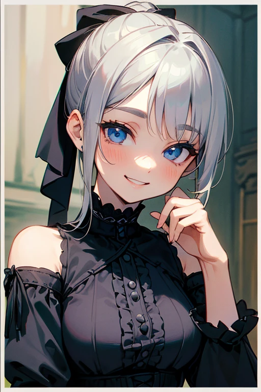 (masterpiece: 1.2, Highest quality), (Actual Photos, Intricate details), 1. woman, alone, Upper Body, casual, Shoulder-length hair, Minimal makeup, Natural materials, Face close-up, smile, Home, Gray Hair, blue eyes, Shoulder Bare、ponytail、(From the waist up).((Gothic Lolita)).((優しいsmile)).
