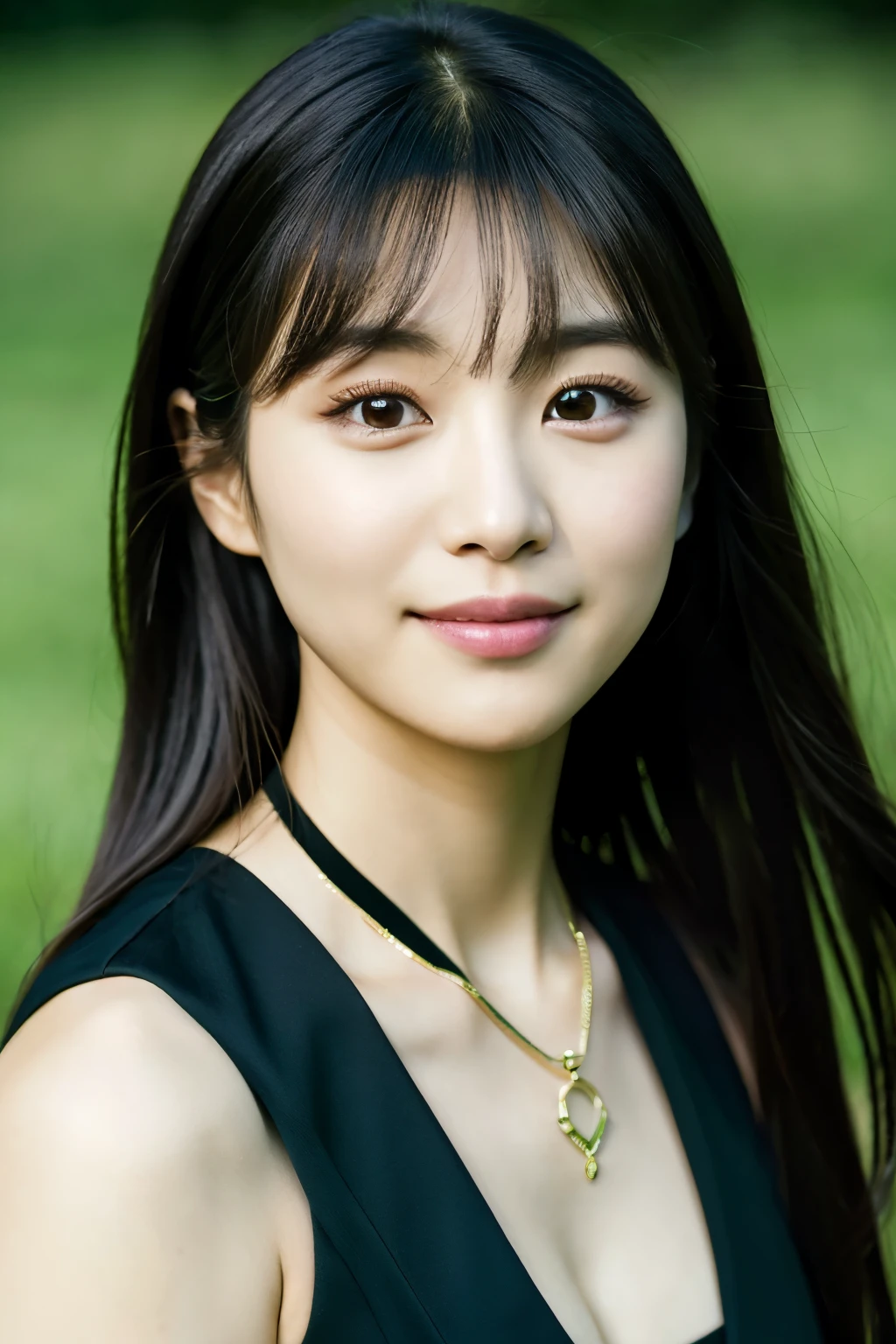 a woman with long hair wearing a black dress and a green belt, jaeyeon nam, portrait of female korean idol, lee ji - eun, lee ji-eun, Yoshitomo Nara, park ji-min, hwang se - on, sui ishida with black hair, lalisa manobal, chiho