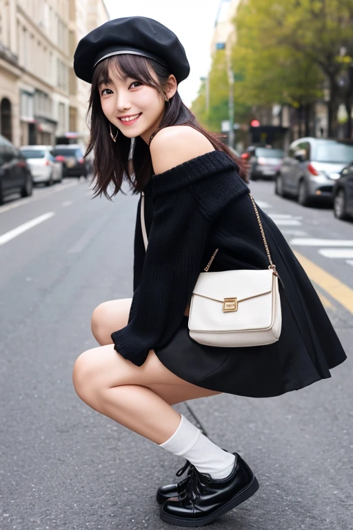 1 girl、bag、Upper Body、Street、bangs、Shoulder Bare、beret、Black footwear、黒いhat、smile、passionate、ハンドbag、hat、durability、Long sleeve、looking at the camera、Off the shoulder、shoes、skirt、Sleeves above the wrist、shoes下、solo、sweater、White legwear、Are standing、Side view、