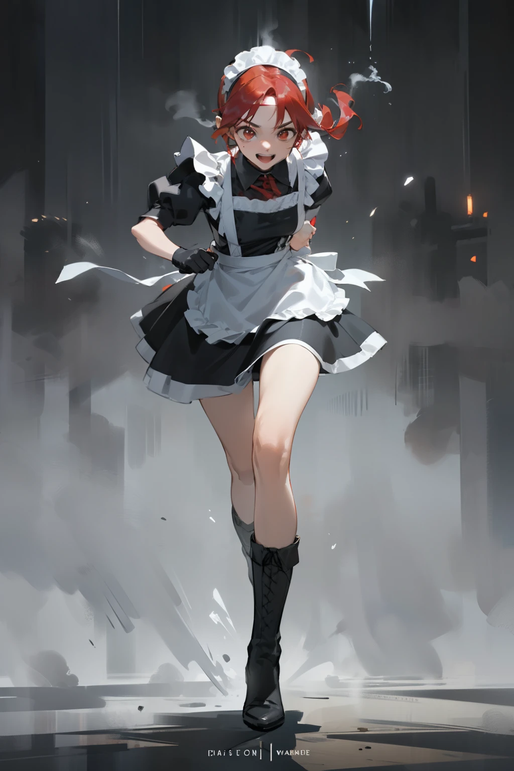 (masterpiece, best quality, super detailed, beautiful details eyes, Clean and delicate face), solo, (Red bob hair, red eyes), (maid costume, white maid headband), thigh, black gloves, army boots, (whole body), battle action, power movements, strenuous movements, Dynamic Motion Blur, grin, atmosphere full of steam, professional lighting, Dynamic action scenes