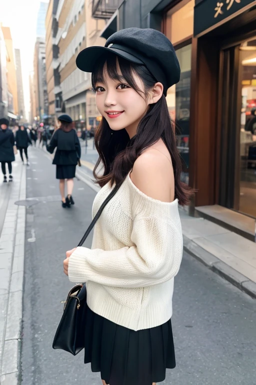1 girl、bag、Upper Body、Street、bangs、Shoulder Bare、beret、Black footwear、黒いhat、smile、passionate、ハンドbag、hat、durability、Long sleeve、looking at the camera、Off the shoulder、shoes、skirt、Sleeves above the wrist、shoes下、solo、sweater、White legwear、Are standing、Side view、