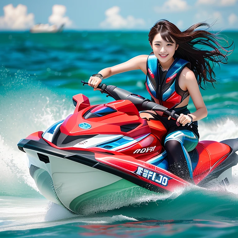 Photo-realistic quality、ウエットスーツを着た20歳の日本人アイドルがriding a jet ski in the ocean, Japanese Model, Riding the wind and waves, riding、looking at the camera