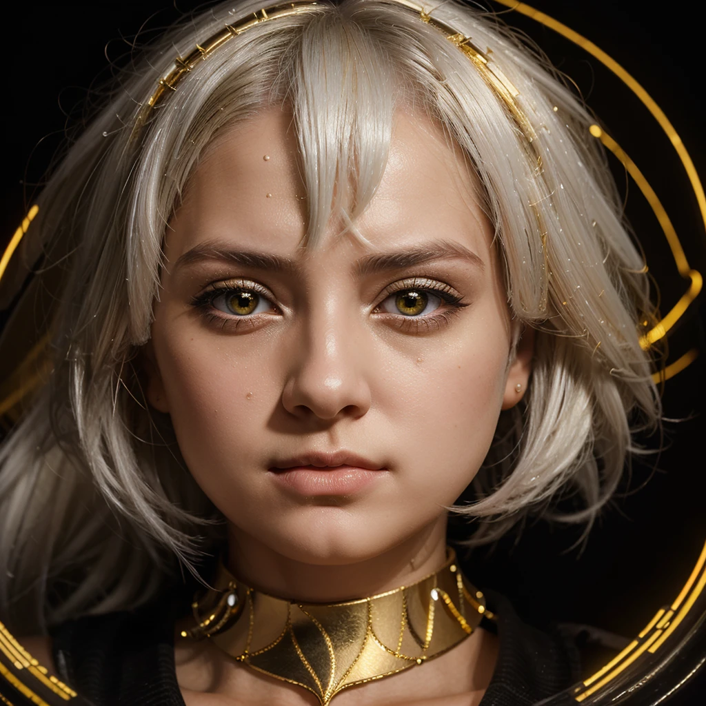 mksks style, 1girl, cute, surrounded by yellow lighting, gold eyes, white hair, black background, closeup, no smile, masterpiece, ultra detailed