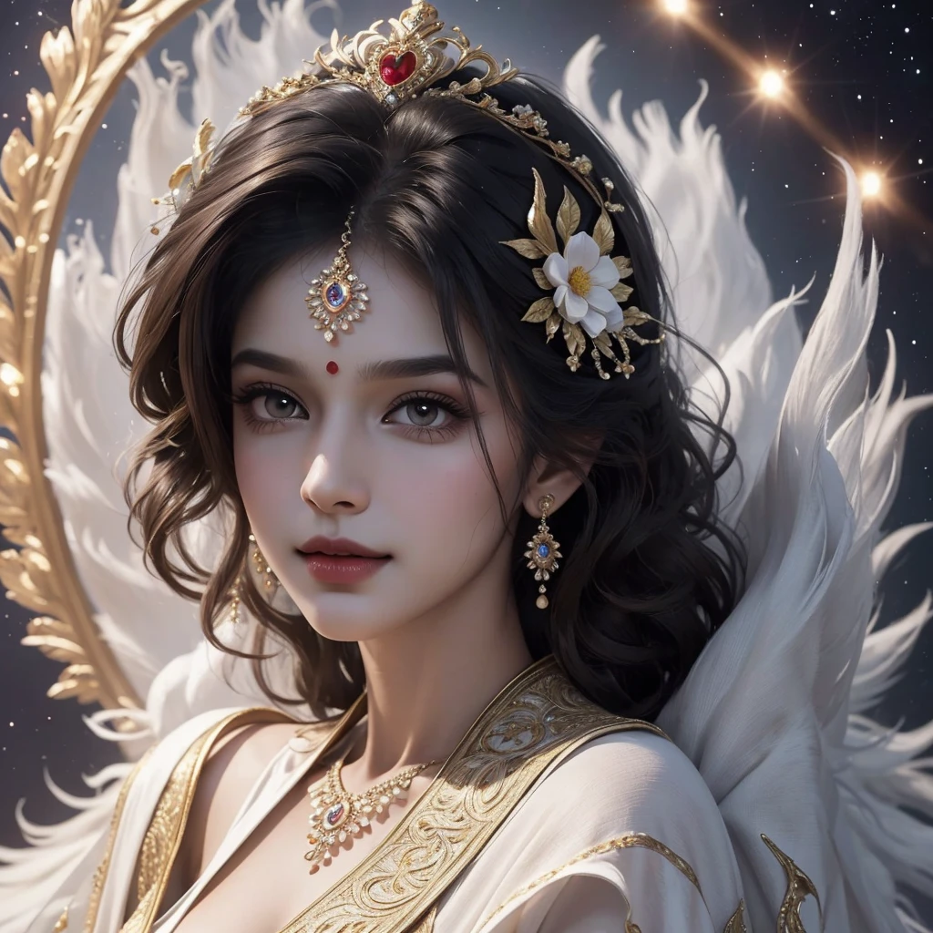 ((8k)),((Ultra Realistic))((Photo Realistic)),((HDR)),((Intricately Detailed Portrait)),((Detailed Fingers)) ((Solo Pic))((High Quality)).((Fine Quality))
(( INDIAN WOMAN)). Perfect Skin. Slender Tall Slim Body. . Deep cleavage. Perfect Face. Sharp Jawline. Almond Eyes. Supple Heart shaped Pulpy Lips . Peachy Butt. Perfectly Toned Body, Brunette , Random Messy Hairstyles. Wet Body. Gracious Looks . Enticing Smile.
Regal Phoenix Gown . Cosmos. Oversized Cape. Headgear. Tiara.
Dynamic Shots. Dynamic Views. Seductive Dynamic Pose . Eyes Staring at Viewer . Zooming out. Over the Tip view. Cleavage Focus . Overexposed . Accentuated Ass. Random hairstyles . Enticing Pose in Galaxies. Halo. Bent down on knees and elbows. Arched body.