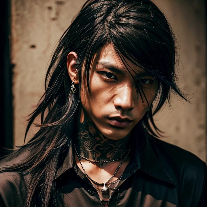 1 man, Japanese man, male, Asian eyes, muscular, broad shoulders, yakuza tattoos, hairstyle Visual Kei style, hair Visual Kei, black men's shirt and black pants, ultra detailed face, hyperrealistic, realistic representation, long hair, long hair, 30 years old, age 30 years, blond, blonde hair