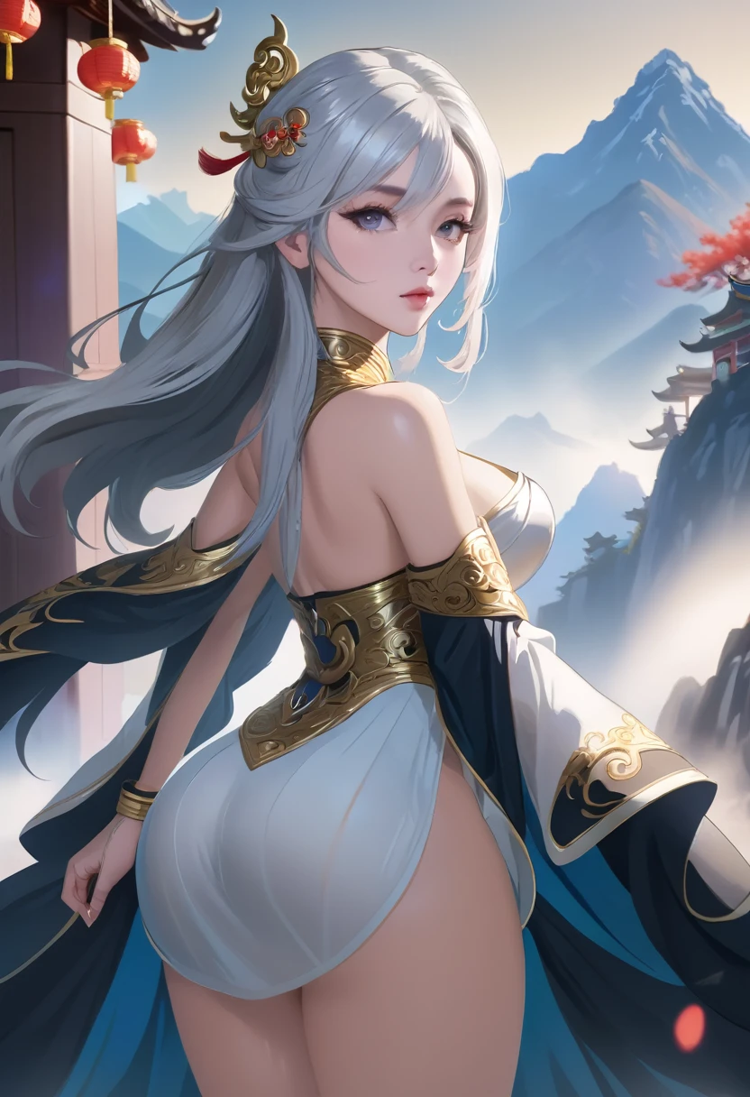 high quality,HD,16K,Sharp Line,1 Girl,fantasy, （Spirit of the Wind）,Pretty Face, Large Breasts, Beautiful legs,In the mountains,Focus Girl,detailed Pretty Face,Detailed clothes,beautiful eyes,Cool,Sexy,Dynamic Angle,穿着华服的神明Strike a pose拍照, Ancient mysterious sexy goddess, Traditional beauty woman, Beautiful female warrior god of war , Beautiful sexy goddess, Gorgeous role-playing, high, Beautiful young girl, Beautiful woman, 华丽Beautiful woman, Complex clothing,Chinese Mystical Aesthetics, Beautiful Asian ancient mysterious girl, Extremely detailed shot of the goddess, Jaw-dropping sexy beauty, Big breasts deep neckline sexy belly button（butt), (bedroom), (Sexy Girls), masterpiece, best quality, Bangs, blush, Chest, clavicle, Eyebrows visible through hair, (Gradient red and gold hair), Jewelry, Long hair,Bright Eyes, ring, (solitary), illustration, fashionable, miss, Strike a pose, background, element, confident, Express, Accessories, majestic, striking, key point, Dynamic poses, ((plump)), (black))Woman in transparent dress,Viewer,(((Full breasts, Keeley University))),Slim waist,(Navel exposed,Bare waist), Long hair, extreme detailed details, 详细的fantasy艺术, Stunning character art, Beautiful and exquisite character art, Beautiful transparent dress, Very detailed, Large Breasts，Chest，Golden ratio figure，Beautiful figure，Ultra wide-angle shooting，Full body shot拍摄，Body close-up，Full body shot，Wearing a pleated tulle skirt，柔和动漫illustration, 柔和的深色background，Fujifilm XT3 Clear focus, f 5.6, High Detail, Clear focus,(Wearing openwork clothing),, (Natural light), (Tempting)translucent, Good velvet quality, Compared, Divine Light,, Silver hair, 天空background, Absolute Strength,Female Shinmei，穿着性感丝绸的Female Shinmei,，Large Breasts，Chest，Golden ratio figure，Beautiful figure，Ultra wide-angle shooting，Full body shot，Body close-up，Full body shot， Wearing a tulle dress, Model shooting style, Large Breasts，饱满Chest，Golden ratio figure，Beautiful figure，(Extremely detailed CG 8k wallpaper unit), The most beautiful artistic photos in the world, , 8K 超HD, ) on the beach，Sexy lazy posture，Sexy seductive expression，best quality,masterpiece,Ultra-high resolution,(Practical:1.4),original photo,Ultra-high resolution