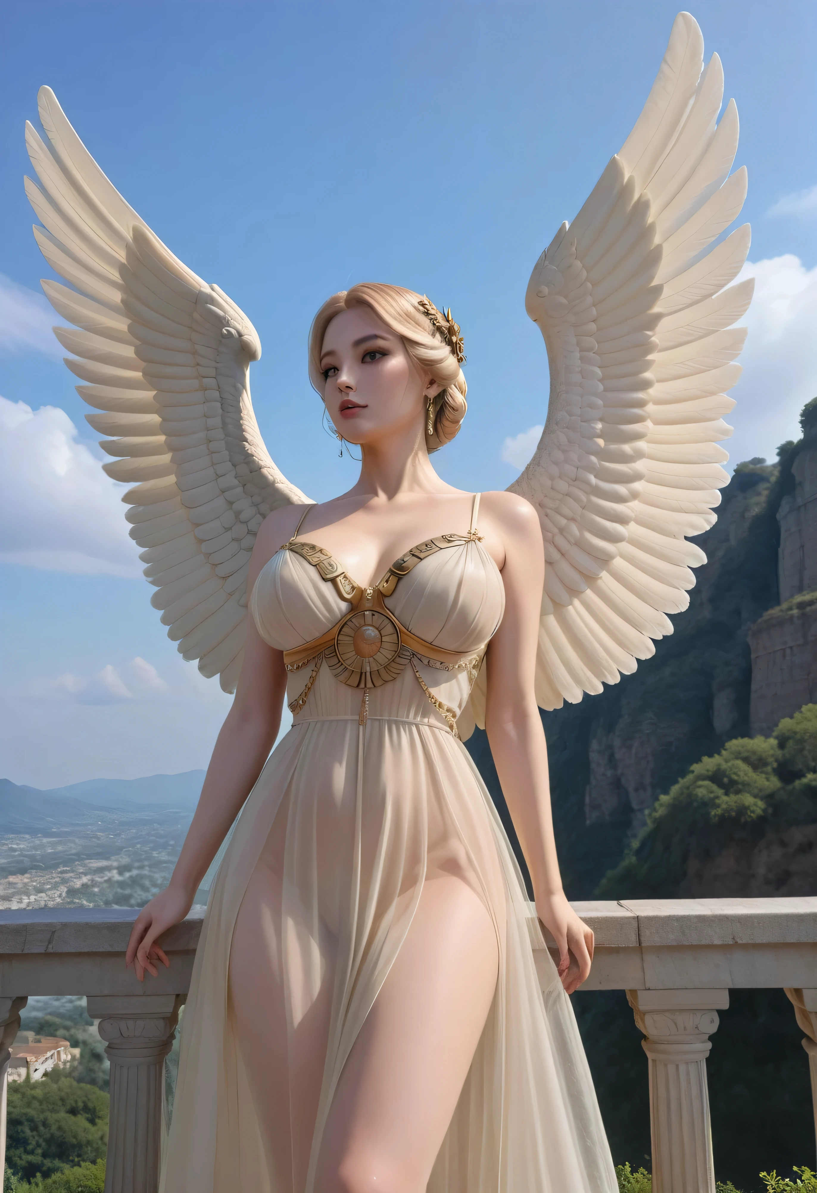 score_9,score_8_up,score_7_up,score_6_up,score_5_up,score_4_up,A digital reinterpretation and creation of the ancient Greek sculpture "Winged Victory of Samothrace", with huge, intricately crafted wings, beautifully detailed body and face, beautifully detailed eyes, beautifully detailed mouth, fine, flowing blonde hair, lively facial expression, ideal proportions, large breasts, slim waist, large buttocks, sheer skin, a flowing, sheer dress, a graceful pose as if about to take off from a cliff, and a beautifully detailed sky in the background, photographed from a low angle.