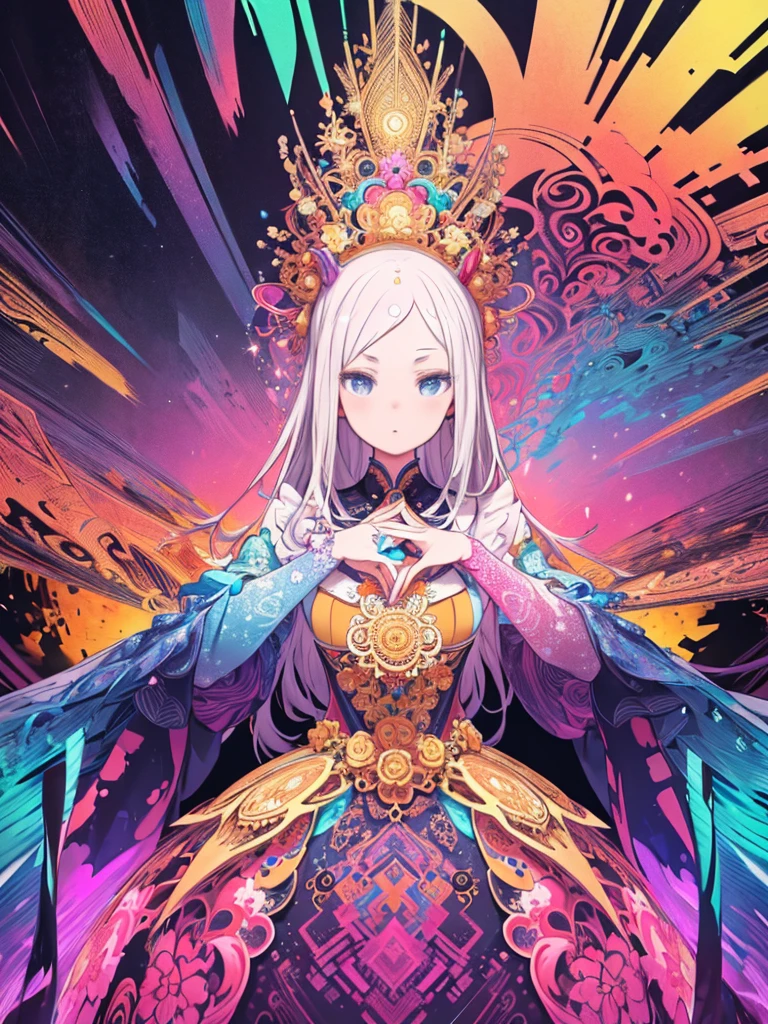 (masterpiece, Highest quality, Highest quality, Official Art, beautifully、aesthetic:1.2), (One girl:1.3), Very detailed,(Fractal Art:1.2),colorful,Most detailed,(Tangled:1.2), (Dynamic pose), (Abstract background:1.5), (Traditional Costume:1.2), (Glowing Skin), (Many colors:1.4), Upper Body