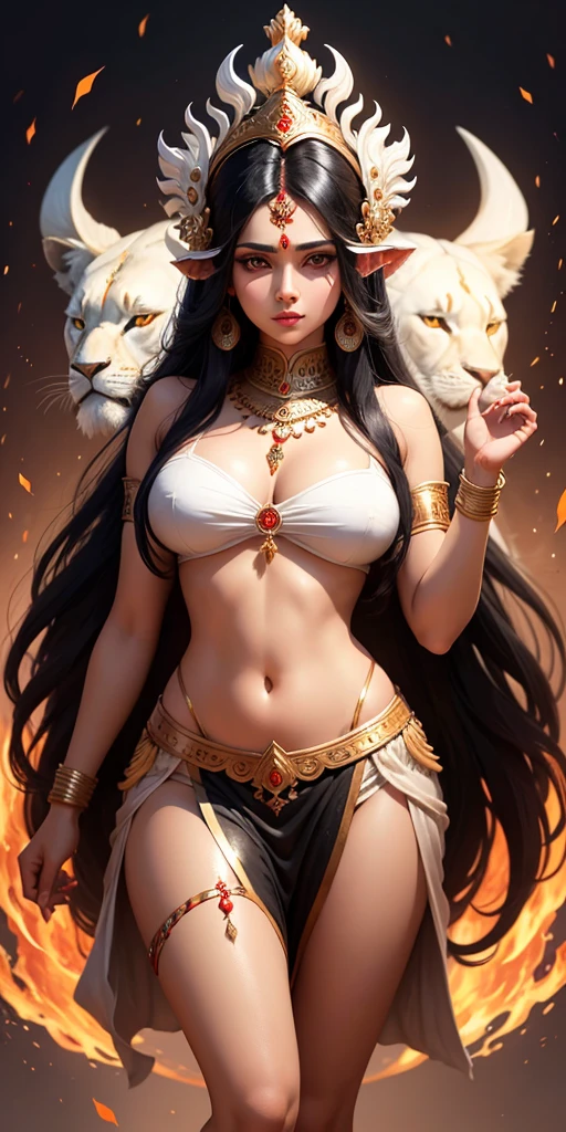 Sexy hindu female gods outfit white long black hair holding trishul nearly lion beautiful face full HD 8k quality
